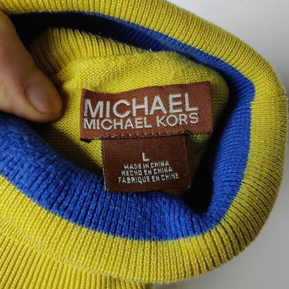 Retro 70's Michael Kors yellow/blue light turtleneck sweater women's large - Picture 2 of 2